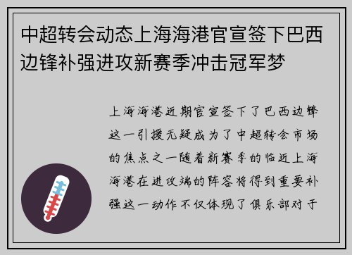 中超转会动态上海海港官宣签下巴西边锋补强进攻新赛季冲击冠军梦